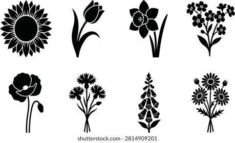 Flower Silhouette Icon Set with Sunflower, Tulip, Daffodil, Poppy, Cornflower, Lavender, and Daisy
