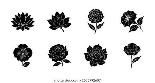 Flower Silhouette Icons. Floral Vector Clip art, Logo, Tattoo, Stickers And Prints.