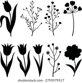 Flower silhouette icons set featuring tulips wildflowers and botanical stems isolated black vector illustration collection for nature design.