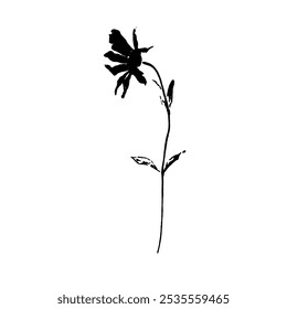 Flower silhouette on a long stem with small leaves on a white background. Ink print of an element of nature.