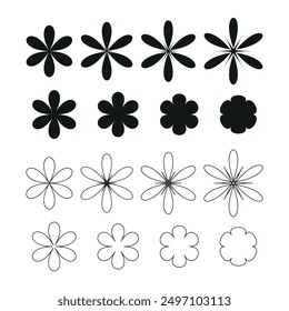 flower silhouette outline vector illustration, daisy line art stencil, floral doodle art black and white icon logo, spring flower nature pattern ornament design