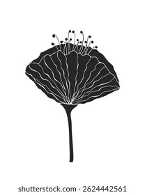Flower silhouette poppy, hand drawn sketch, logo icon, isolated on white background.