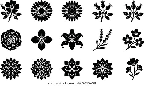 Flower Silhouette Vector Set Featuring Roses, Daisies, Sunflowers, Lilies, Lavender, and Cherry Blossoms