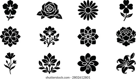 Flower Silhouette Vector Set Featuring Roses, Daisies, Lilies, and Decorative Blossoms