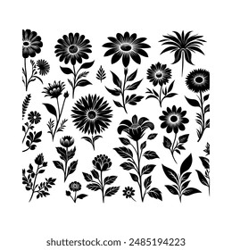 Flower Silhouette Vector Style" is a minimalist graphic design technique that depicts flowers as simplified, dark-colored silhouettes against a lighter background.