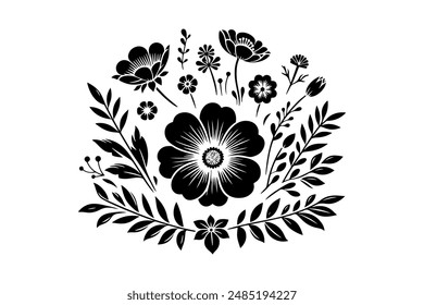 "Flower Silhouette Vector Style" es una técnica de Diseño gráfico minimalista que representa las flores como siluetas simplificadas de color oscuro sobre un fondo más claro.