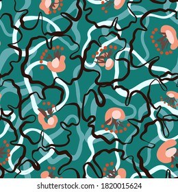 Flower silhouettes. Line drawing, Flat design modern trendy style. Floral seamless pattern. Spring nature ornament. Decorative abstract botanical plants.