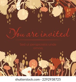 Flower silhouettes are made as an above and below border on a brown background. Frame made from Calendula flowers and decorated with raindrops. Floral frame for any design ideas.