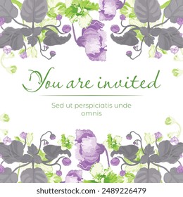 Flower silhouettes are made as an above and below border on the white background. Frame made from the African violets hand-drawn with all shades of colour. Floral frame for any design ideas.