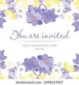 Flower silhouettes are made as an above and below border on the white background. Frame made from the African violets hand-drawn with all shades of colour. Floral frame for any design ideas.