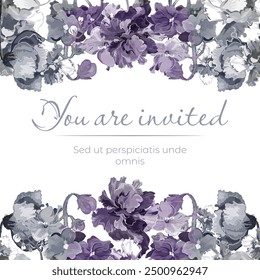 Flower silhouettes are made as an above and below border on the white background. The frame is made from hand-drawn monochrome African violets tinted with light colour.