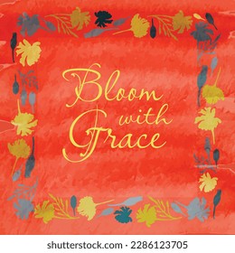 Flower silhouettes are put on a square frame on a red background. Frame made from the Marigold or Tagetes flower and decorated with watercolor texture. Floral frame for any design ideas.