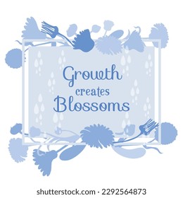 Flower silhouettes are put on a square frame on a white background. Frame made from the Calendula flower and decorated with raindrops. Floral frame for any design ideas.