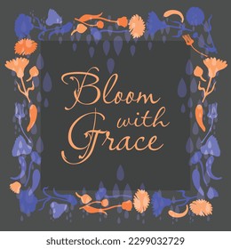 Flower silhouettes are put on a square frame on a dark background. Frame made from the Calendula flower and decorated with raindrops. Floral frame for any design ideas.