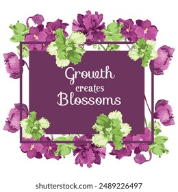 Flower silhouettes are put on a square frame on a brown background. Frame made from the African violet flower parts. Floral frame for any design ideas.