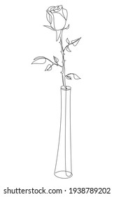 Flower silhouettes. Rose bud in glass plant leaf vase in modern trendy one line style. Solid line, outline for decor, posters, stickers, logo. Vector illustration.