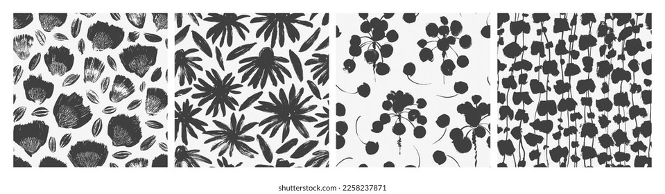 Flower silhouettes seamless pattern collection. Pilea branches, chamomile blossoms, abstract flowers, lianas. Hand drawn abstract nature background. Cute summer or spring wallpapers.