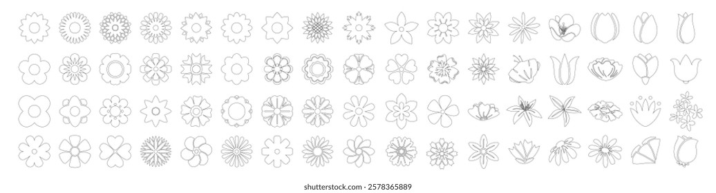 Flower silhouettes spring icons set isolated on transparent background. 