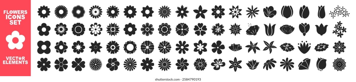 Flower silhouettes spring icons set isolated on transparent background. 