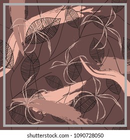 flower silk scarf with leaves design on brown background