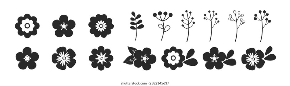 Flower simple icon. Simple flower silhouette. Black flower vector set feature abstract floral design silhouettes. Flourish branch and flower, divider design element.