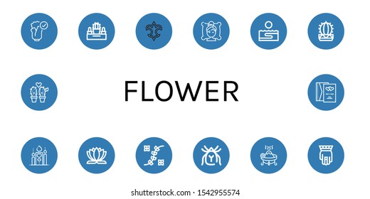 flower simple icons set. Contains such icons as Natural, Cactus, Fleur de lis, Spa, Thalassotherapy, Romantic, Lotus flower, Flower design, can be used for web, mobile and logo