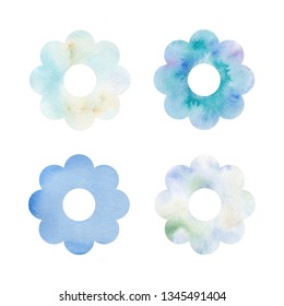 Flower simple icons. Watercolor texture, blue colors, vector image isolated wihout background.