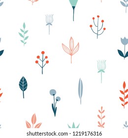 Flower simple minimalist seamless pattern graphic design for paper, textile print, page fill. Floral background. Hand drawn wild flowers, herbs and leaves