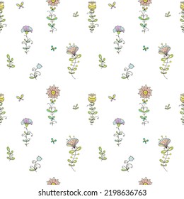 Flower simple minimalist seamless pattern graphic design for paper, textile print, page fill. Floral background with hand drawn wild flowers and butterflies, herbs and leaves. Cute design