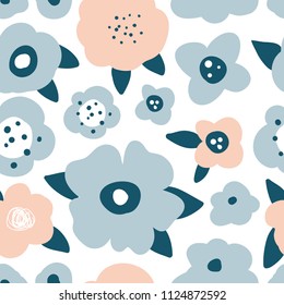 Flower simple minimalistic seamless pattern. Graphic design for paper, textile print, page fill. Abstract floral background with hand drawn modern plants, flowers and leaves. Pink, blue
