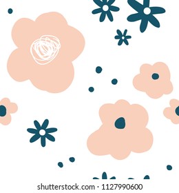 Flower simple minimalistic seamless pattern. Graphic design for paper, textile print, page fill. Abstract floral background with hand drawn modern plants, flowers and leaves. Pink, white