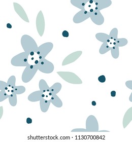 Flower simple minimalistic seamless pattern. Graphic design for paper, textile print, page fill. Abstract floral background with hand drawn modern plants, flowers and leaves. Blue, white