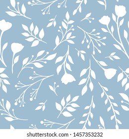 Flower simple minimalistic seamless pattern graphic design for paper, textile print, page fill. Floral background with hand drawn wild flowers, herbs and leaves. Cute design for girls, kids and women 