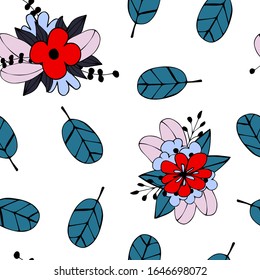 Flower simple minimalistic seamless pattern graphic design for paper, textile print, page fill. Floral background with hand drawn wild flowers, herbs and leaves.