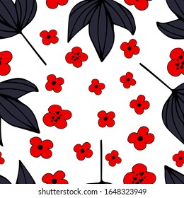 Flower simple minimalistic seamless pattern graphic design for paper, textile print, page fill. Floral background with hand drawn wild flowers, herbs and leaves.