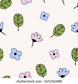 Flower simple minimalistic seamless pattern graphic design for paper, textile print, page fill. Floral background with hand drawn wild flowers, herbs and leaves.