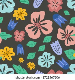 Diseño gráfico simple de trama minimalista sin fisuras para papel, impresión textil, relleno de página. Fondo floral con flores silvestres dibujadas a mano, hierbas y hojas. Ilustración vectorial plana.
