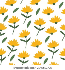 Flower simple minimalistic seamless pattern graphic design for paper, textile print, page fill. Floral background with hand drawn wild flowers, herbs and leaves. Cute design for girls, kids.