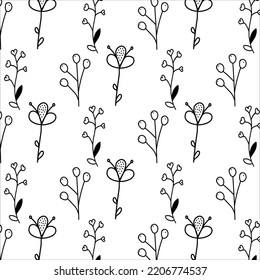 Flower simple minimalistic seamless pattern graphic design for paper, textile print, page fill. Floral background with hand drawn wild flowers, herbs and leaves. Cute design for girls, kids.