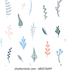 Flower simple minimalistic seamless pattern graphic design for paper, textile print, page fill. Floral background with hand drawn herbs and leaves. Cute design for girls, kids. 