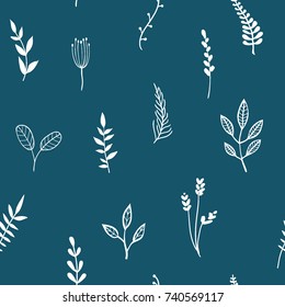 Flower simple minimalistic seamless pattern graphic design for paper, textile print, page fill. Floral background. Hand drawn wild flowers, herbs and leaves on dark blue. Cute design for girls, kids. 
