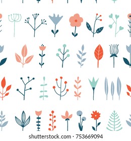 Flor simples design gráfico de padrão minimalista sem costura para papel, impressão têxtil, preenchimento de páginas. Fundo floral. Flores silvestres desenhadas à mão, ervas e folhas