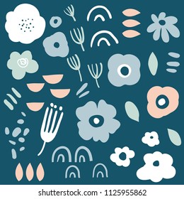 Flower simple minimalistic set. Abstract floral collection with hand drawn modern plants, flowers and leaves