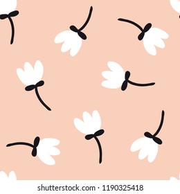 Flower simple seamless pattern graphic design for paper, textile print, page fill. Floral background with hand drawn white wild flowers on pink. Cute design for girls, kids.