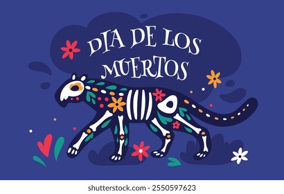 Flower skeleton animals. Dia de los muertos card. Silhouette of lioness with blossoms. Leopard bones. Floral skull. Mexican holiday traditional elements. Day of death