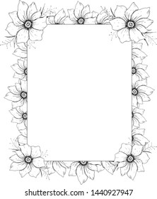 Flower sketch frame. Hand drawn sketch style flowers. Black on white.