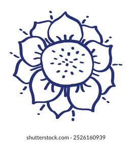 Blumenskizze. Handgezeichnete Vektorgrafik. Blaue Stift- oder Markierungszeichnung. Primitives Kinderbild