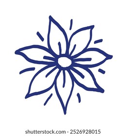 Esboço de flor. Ilustração de vetor desenhada à mão. Caneta azul ou desenho marcador. Imagem infantil primitiva