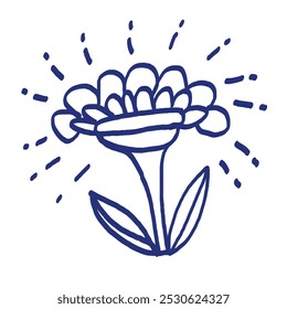 Flower sketch. Hand drawn vector illustration. Blue pen or marker drawing. Primitive kids picture
