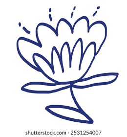 Flower sketch. Hand drawn vector illustration. Blue pen or marker drawing. Primitive kids picture